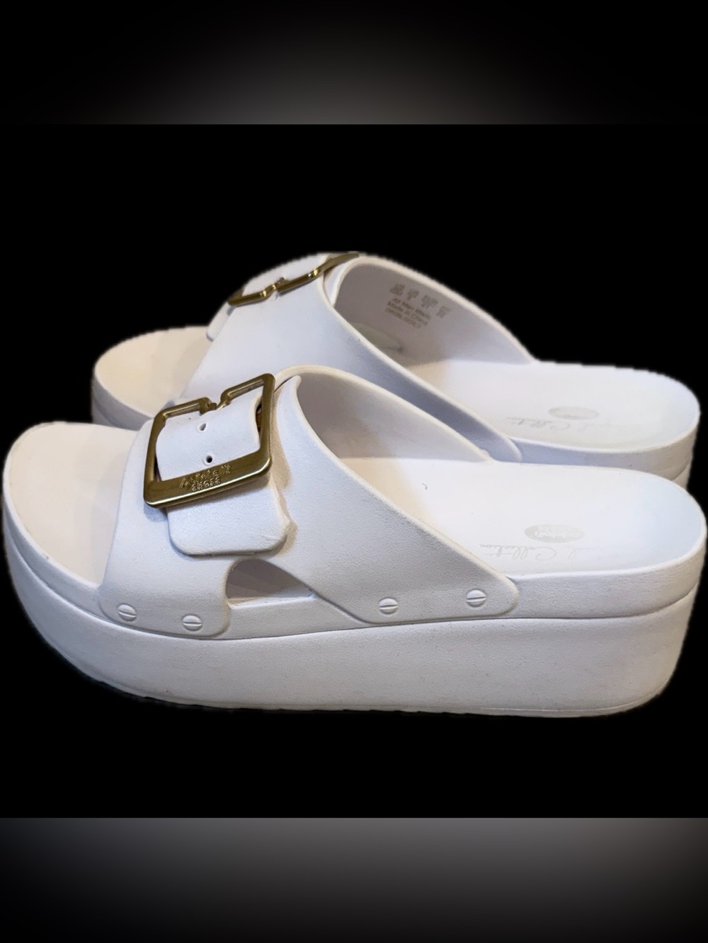 Dr. Scholl’s Original White Platform Slide Sandals with Gold Buckle